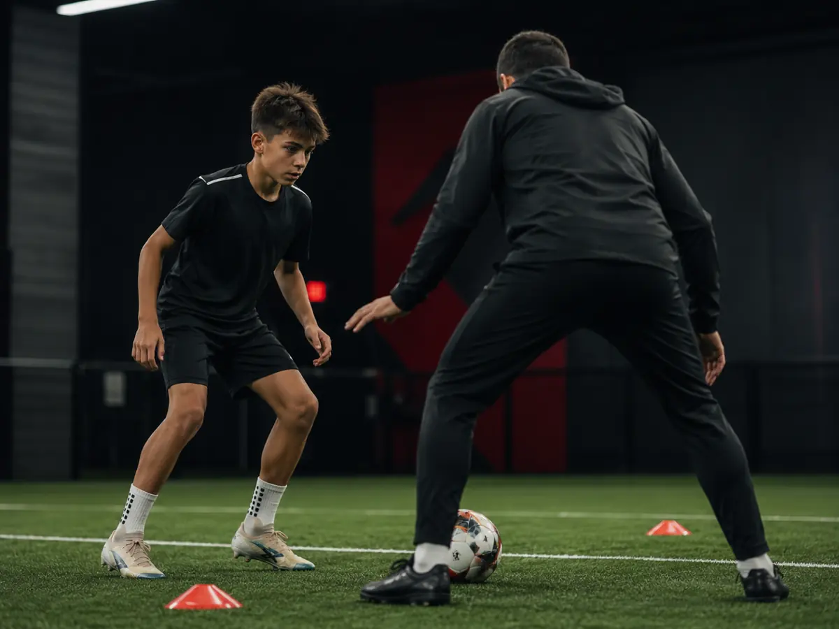 Coach and youth soccer player in a private one-on-one training session