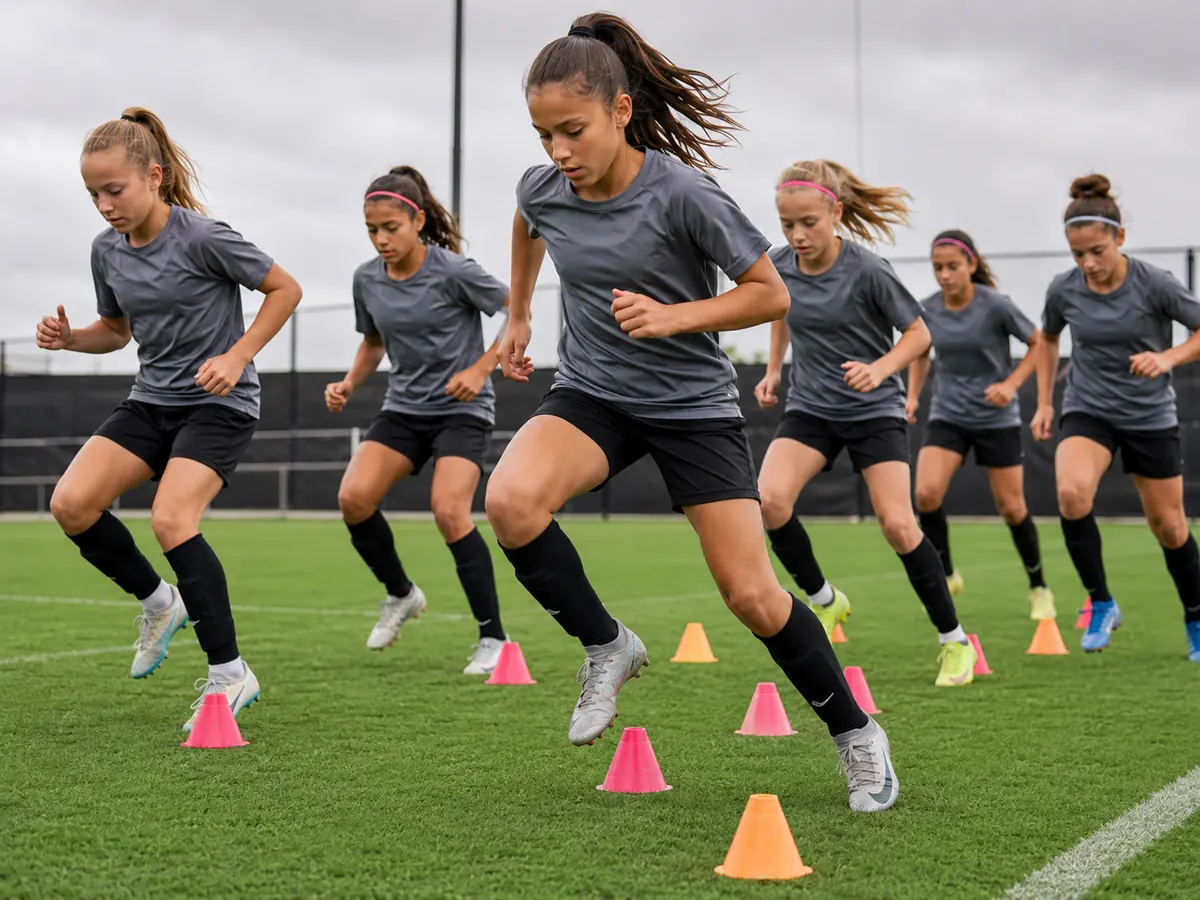 Small group soccer players working through cone agility patterns